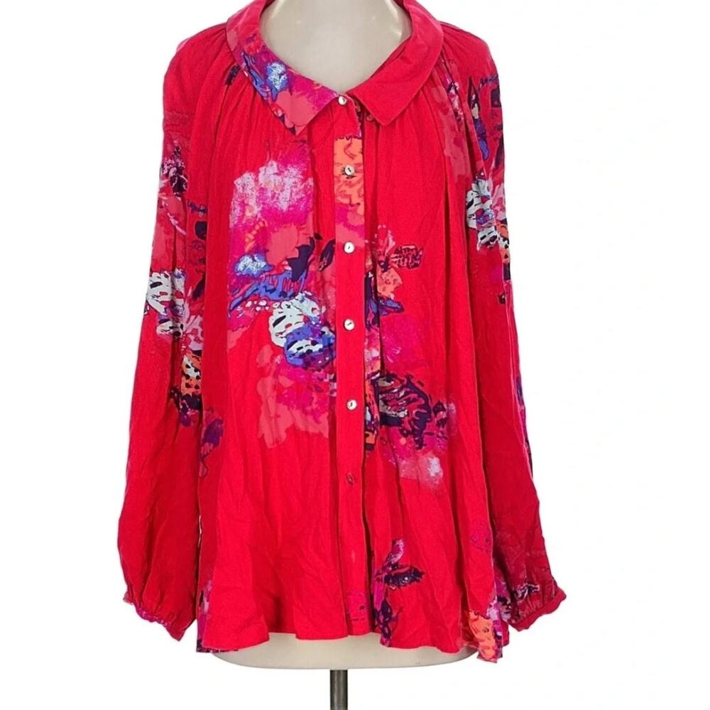 Free People Meadow Lark Tunic Blouse Shirt Red Floral Combo Size Small